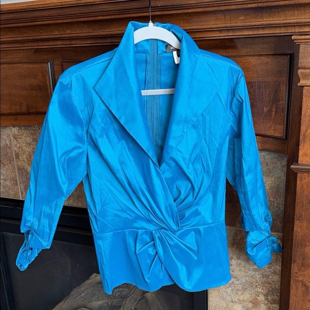 Vintage Tadashi Shoji turquoise flattering blouse top career special event M
